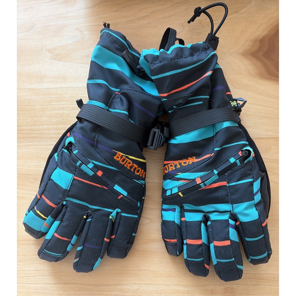 Burton Kids Vent Ski Snowboard Gloves Size Large Unisex Black Teal Stripes EUC